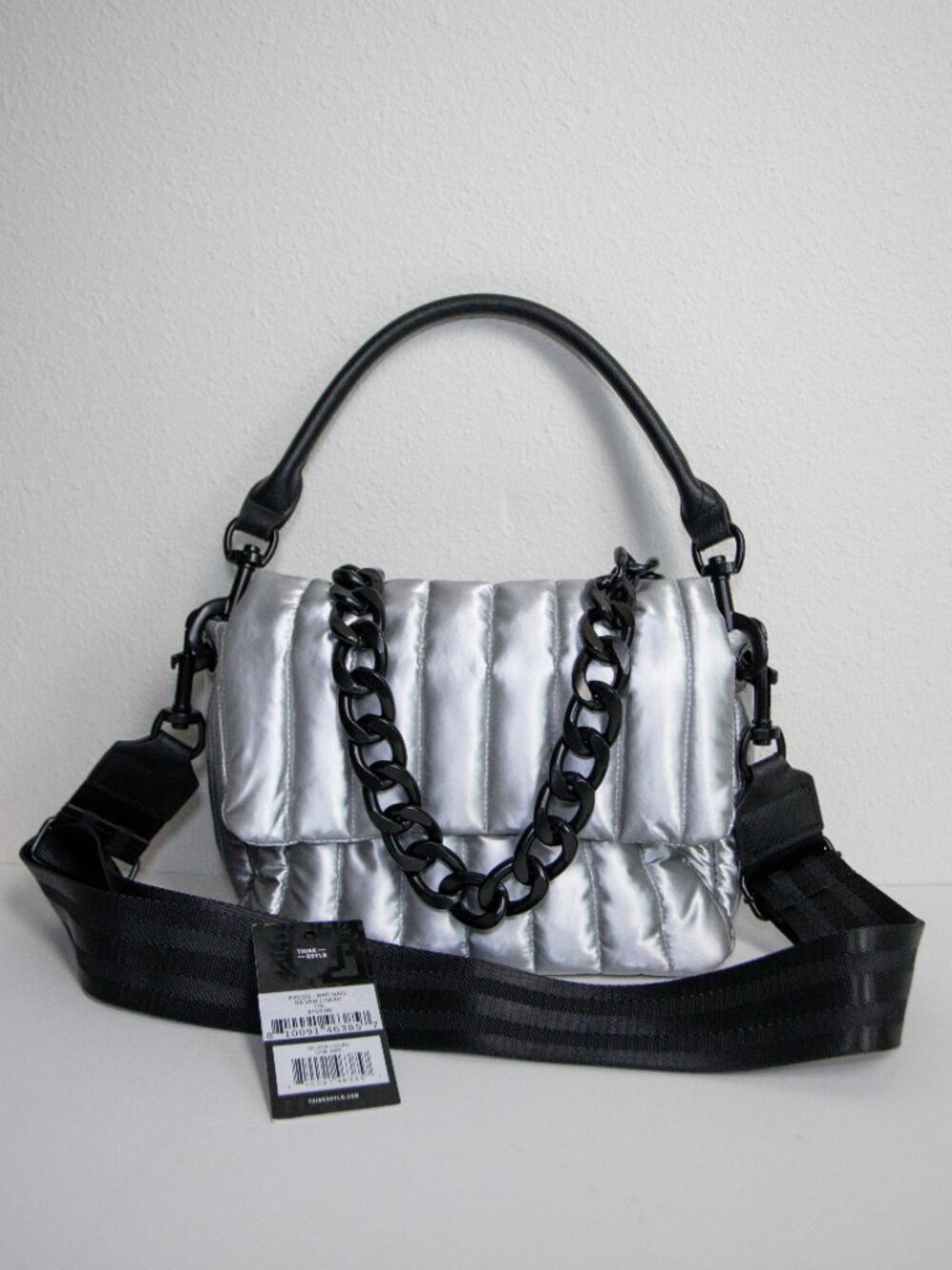 Think Royln Bar Bag Silver Liquid Metallic Puffer Bag